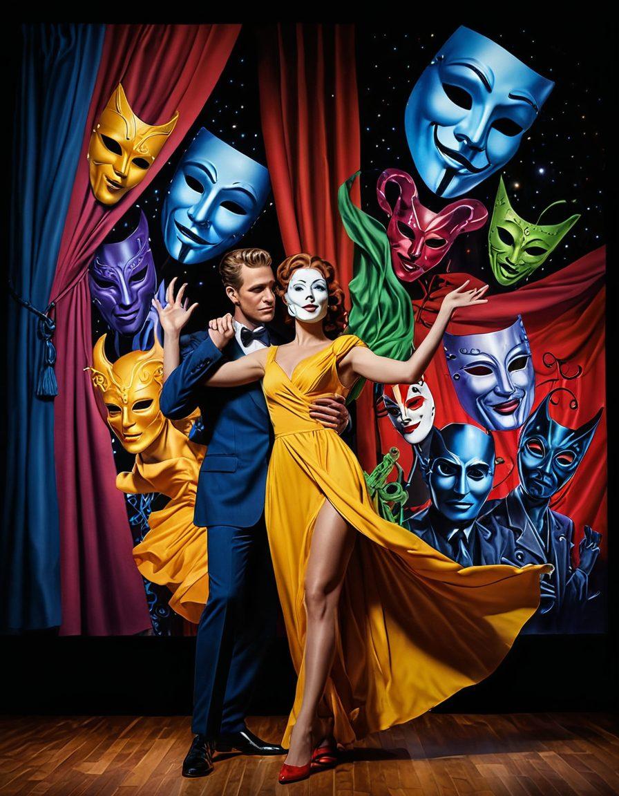 A dramatic stage lit with vibrant spotlight colors showcasing an artist pulling back a curtain revealing various iconic symbols of creativity in show business, like masks, theatrical props, and musical notes. The backdrop features a collage of famous movie scenes and Broadway productions creating an energetic atmosphere. The artist, filled with passion and emotion, represents the connection between inspiration and artistry. super-realistic. vibrant colors. cinematic.