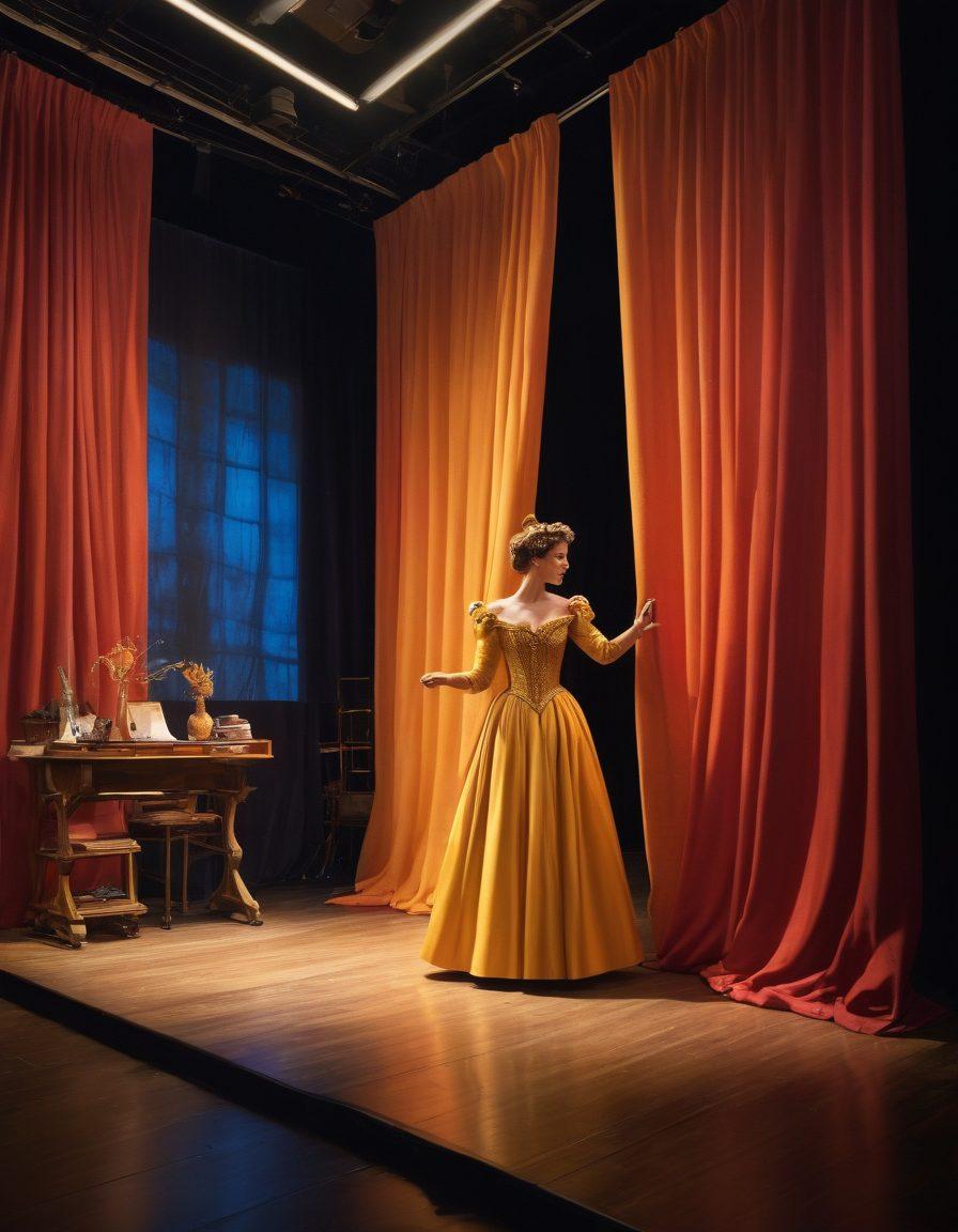 A beautifully illuminated backstage area, showcasing diverse theatrical props, costumes draped artistically, and actors rehearsing energetically. In the background, stage lights cast a warm glow while a curtain is partially drawn, hinting at the magic of performance. The atmosphere should exude creativity and excitement as if about to reveal a dazzling show. vibrant colors. super-realistic.