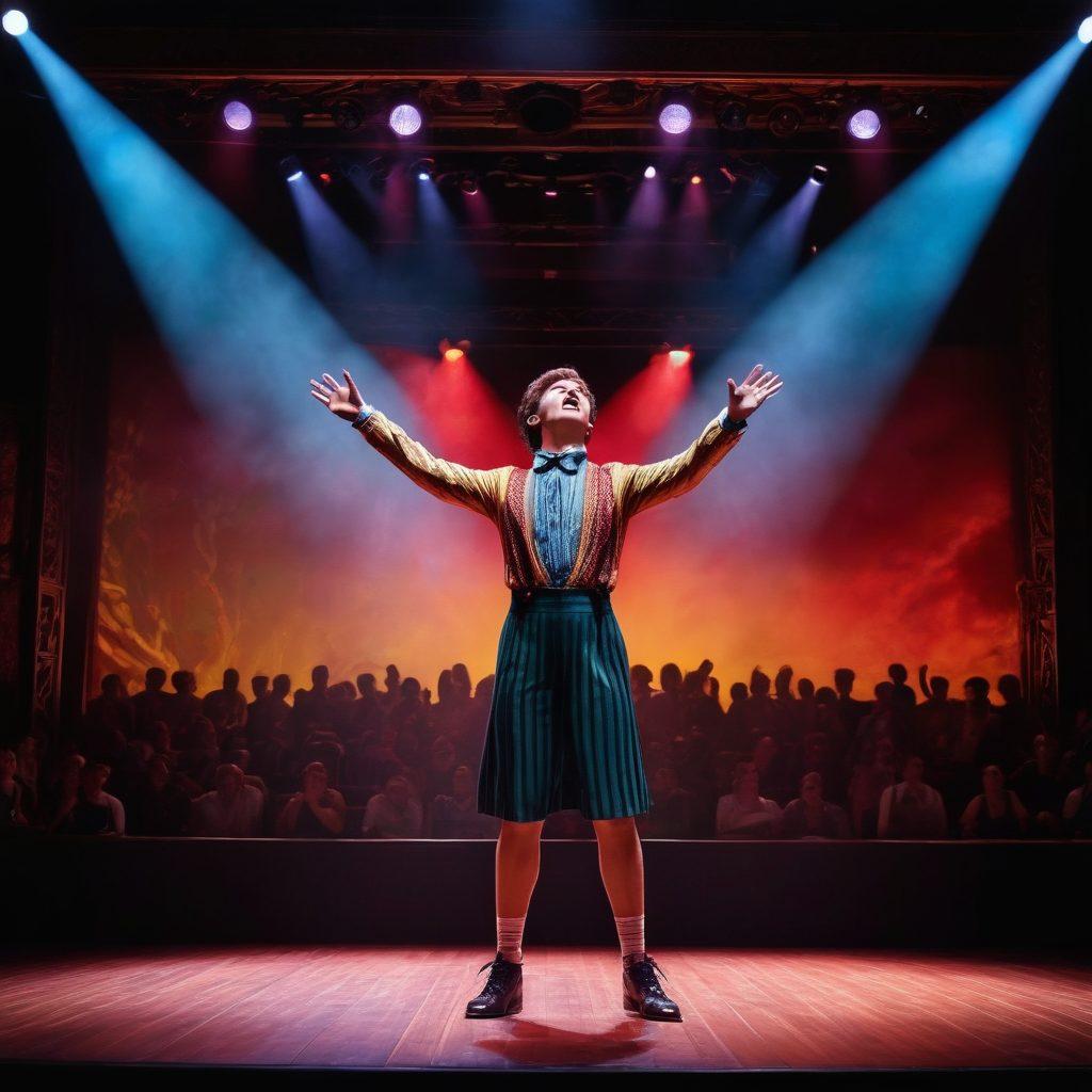 A dynamic scene showcasing a vibrant theater stage with a performer in the spotlight, surrounded by colorful stage lights and an enthusiastic audience in a darkened auditorium. Include elements of stage production like theatrical backdrops and props scattered around. The performer should exude passion and energy, capturing the essence of live performance. super-realistic. vibrant colors. theatrical lighting.